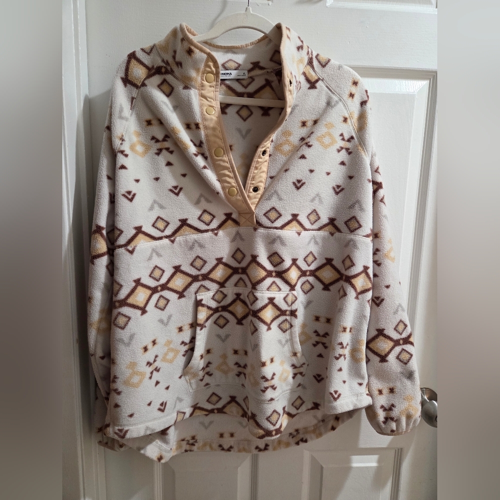 Sonoma Cream & Brown Patterned Quarter Button-up Pullover Sweatshirt - Picture 2 of 7